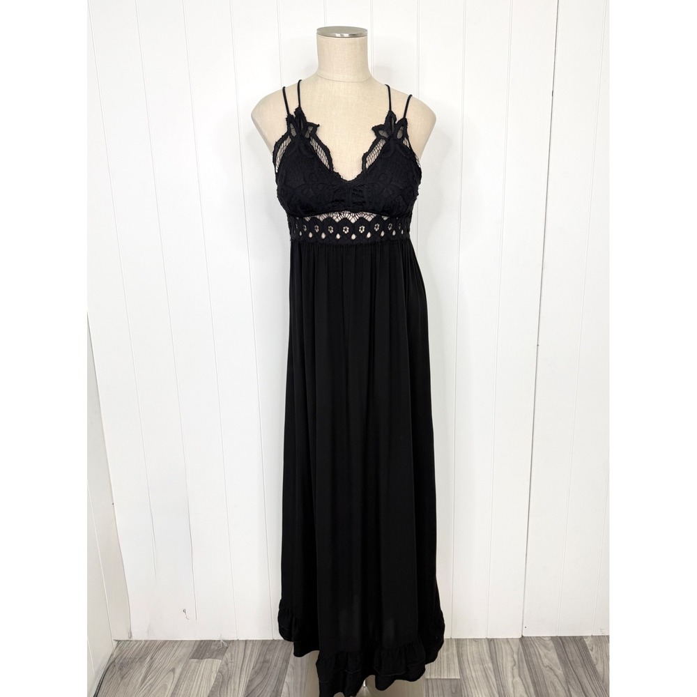 Pink Lily Lace Crochet Maxi Dress Womens M Black Whimsigoth Dark Boho Ruffle